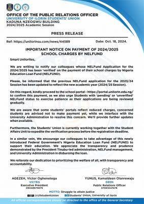 UNILORIN notice on payment of 2024/2025 school charges by NELFUND