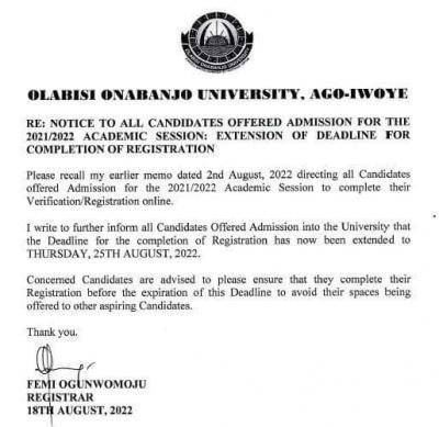 OOU notice to newly admitted students on extension of registration, 2021/2022