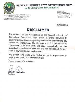 FUTO issues a disclaimer notice on recruitment