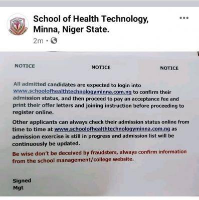 School of Health Technology, Minna notice to admitted Students