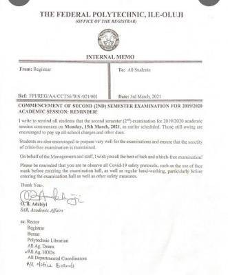 Fed Poly Ile-Oluji notice on commencement of 2nd semester exams, 2019/2020