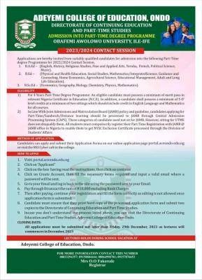 Adeyemi College of Education Part Time Degree admission form, 2023/2024