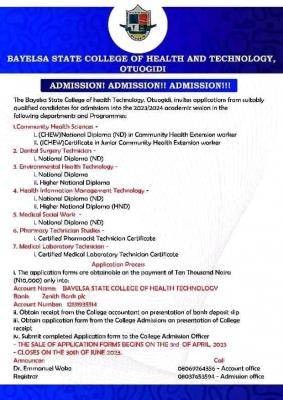 Bayelsa State College of Health and Tech. admission form, 2023/2024