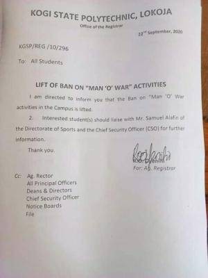 Kogi State Polytechnic lifts ban on MAN 'O' WAR activities in the school