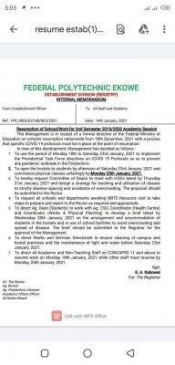 Fed Poly, Ekowe resumption for 2nd Semester 2019/2020 academic session