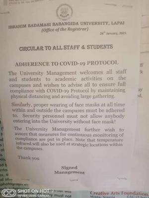 IBBUL notice to staff and students on adherence to COVID-19 protocol