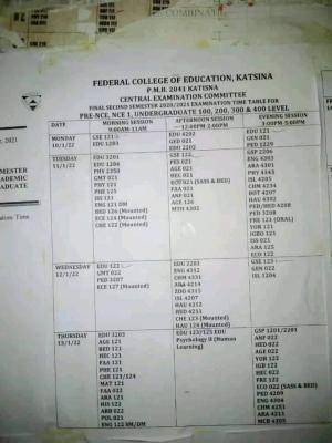 FCE, Katsina 2nd semester 2020/2021 examination timetable