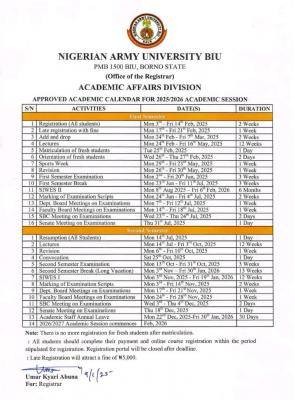 NAUB releases approved academic calendar, 2025/2026