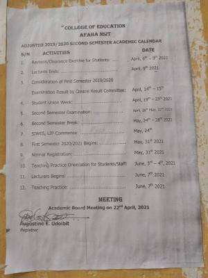 College of Education, Afaha Nsit adjusted for 2nd semester, 2019/2020