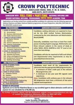 Crown Polytechnic releases ND/HND Full-Time & Part-Time Admission form, 2023/2024