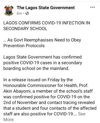 LAGOS confirms COVID-19 infection in secondary school