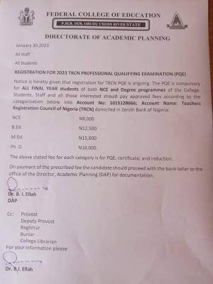 FCE Obudu notice registration for 2023 TRCN qualifying exam