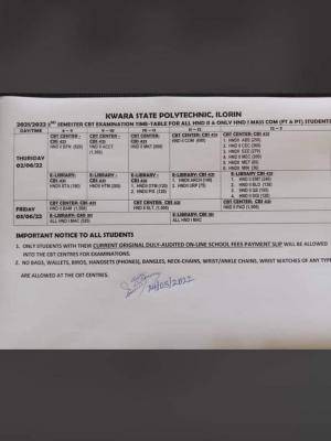 Kwara Poly HND II second semester CBT examination timetable, 2021/2022