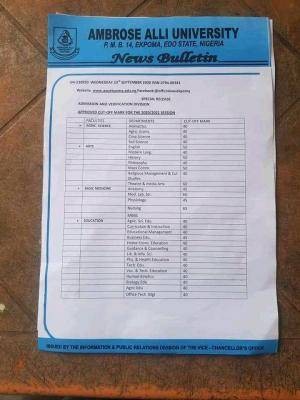 AAU departmental cut-off Marks for 2020/2021 session