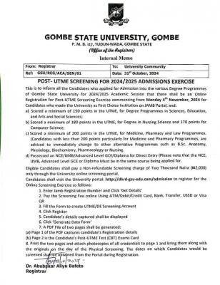 GOMSU Post-UTME/DE 2024: cut-off mark, eligibility and registration details