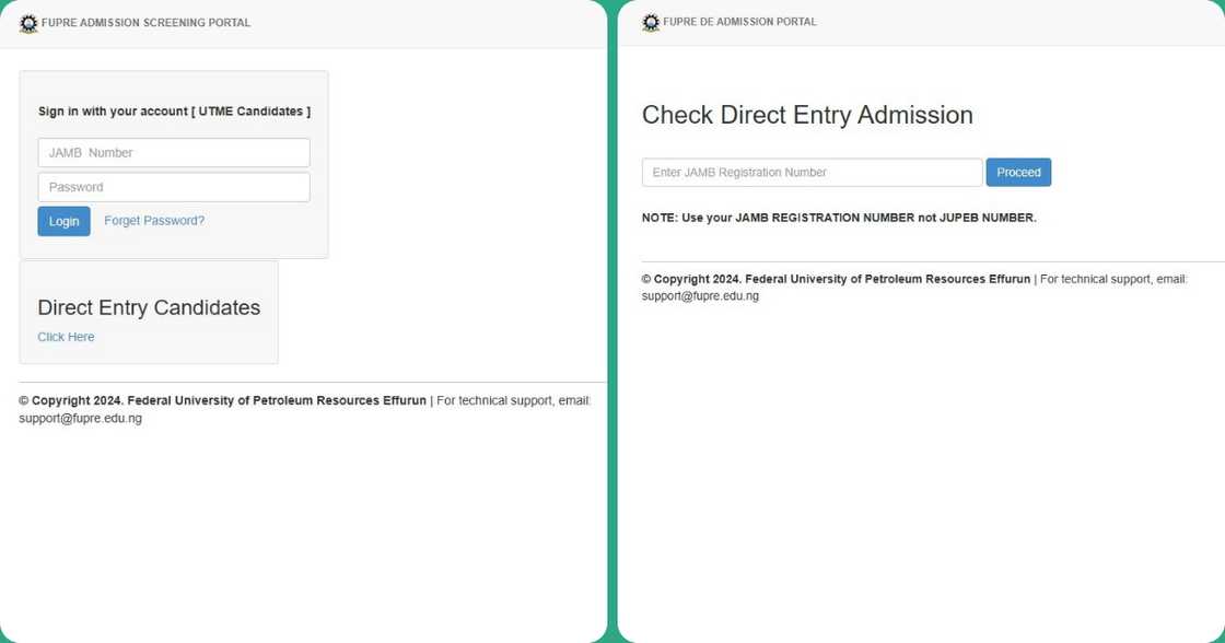 Screenshots of the FUPRE post-UTME students' portal al.