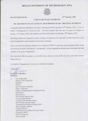 Bells University notice on resumption to 200-500 Level students