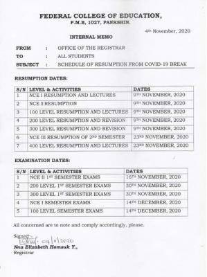 FCE Pankshin 2020 adjusted academic calendar and examination dates