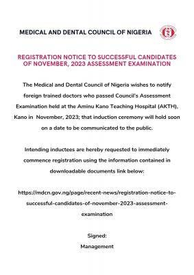 MDCN registration notice to successful candidates of November assessment exam - 2023