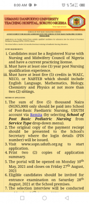 UDUTH Post-Basic Paediatric Nursing form, 2021/2022