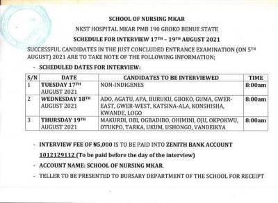 School of Nursing, Mkar entrance exam result & interview dates, 2021/2022