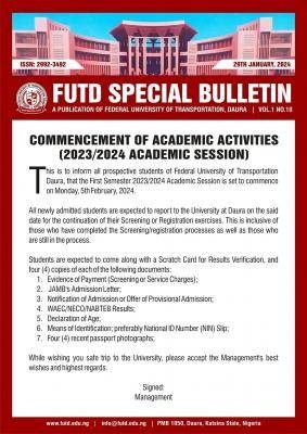 Fed University of Transportation, Daura notice on commencement of academic activities, 2023/2024