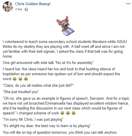 ASUU Strike: Student Who Engaged in Teaching, Narrates How He Handled a Sarcastic Student