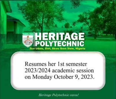 Heritage Polytechnic announces date for first semester resumption, 2023/2024