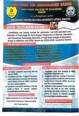 Kogi COE Ankpa degree admission form for 2024/2025 academic session