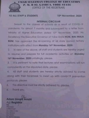 Umar Suleiman College of Education announces resumption date