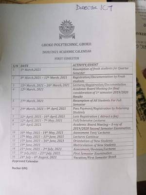 Gboko Polytechnic first semester 2020/2021 Academic Calendar