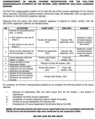 LASU commences online courses registration for full-time students for 2nd semester, 2022/2023