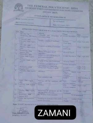 Fed Poly Bida SUG election timetable, 2023/2024