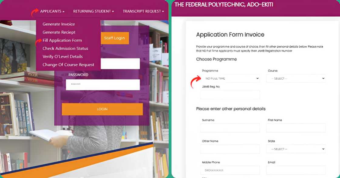 Screenshots of the Federal Polytechnic Ado Ekiti ND programmes application process.