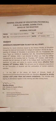 Federal college of education (technical) gombe issues a resumption notice to staff