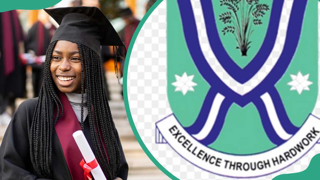 A student celebrating her graduation (L). Ebonyi State University logo (R)