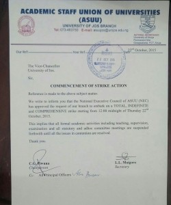 UNIJOS ASUU Commences Strike Action