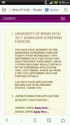 UNIBEN Physical Screening Exercise Date 2016/2017 Announced