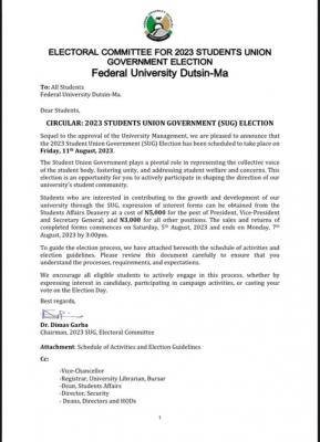 FUDUTSIN-MA SUG notice to students on 2023 SUG Election