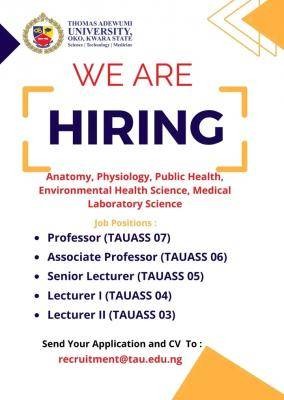 Thomas Adewumi University announces job vacancies in the Faculty of Law & Basic Medical Health Sciences