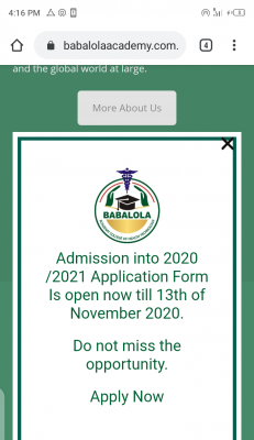 Babalola Academy College of Health Technology admission for 2020/2021 session