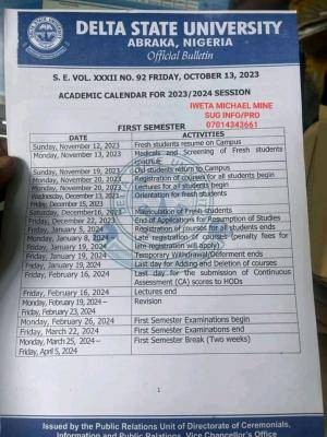 DELSU academic calendar, 2023/2024 academic session