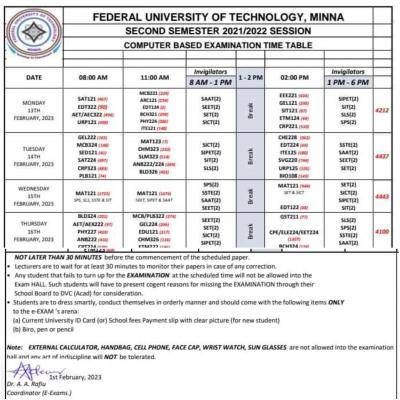 FUTMINNA 2nd semester computer based exam timetable, 2021/2022