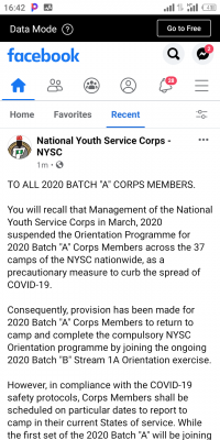 NYSC notice to all 2020 batch "A" corps members