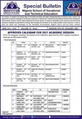 Nigerian School of Vocation and Technical Education 2020/2021 academic calendar