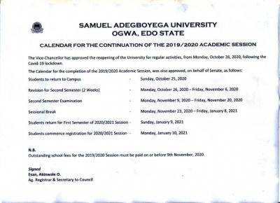 Samuel Adegboyega University Resumption Date