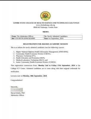 Gombe State College of Health Sciences & Tech. notice of registration for new students, 2024/2025