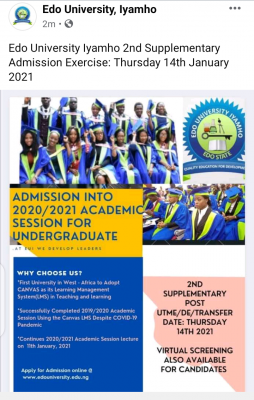 Edo State University notice on 2nd Supplementary Post-UTME screening, 2020/2021