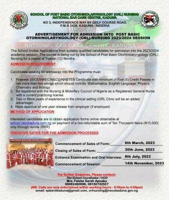 NECC Kaduna Post-Basic ORL/ENT Nursing Form, 2023/2024