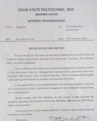 OSPOLY notice on suspension of lectures due to SUG elections